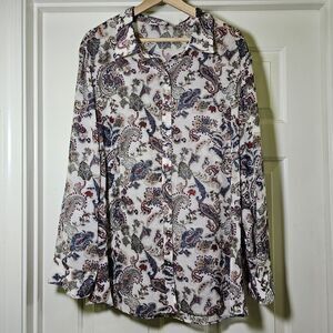 Noelle Shirt Dress Womens XL Blue Red Cream Paisley Long Sl Sheer Button Front